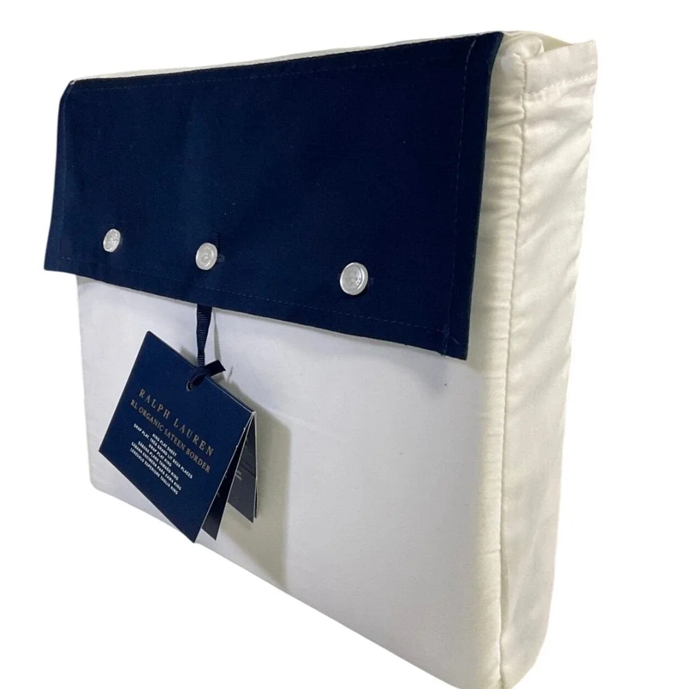 NWT Ralph Lauren Organic Sateen Border King Flat Sheet 624 TC Navy White $215